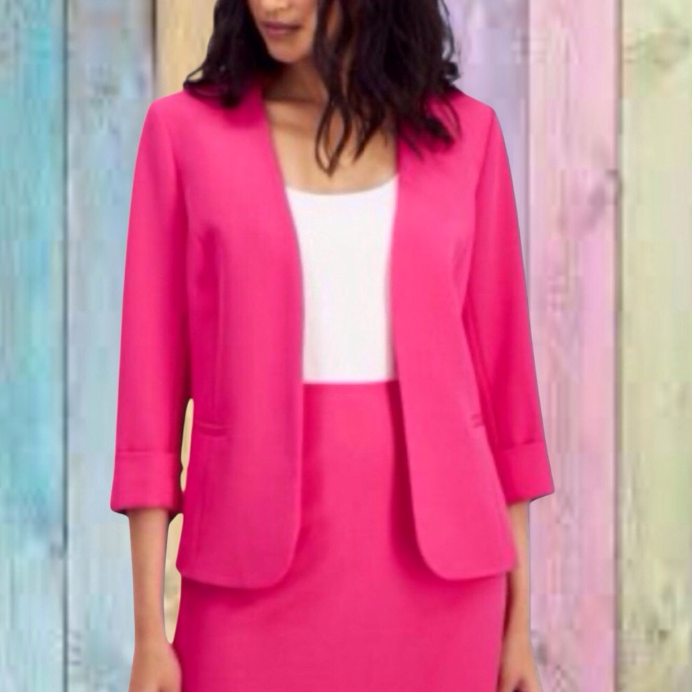 Kasper Hot Pink Stretch Crepe Open Front Roll Sleeve Lined Jacket